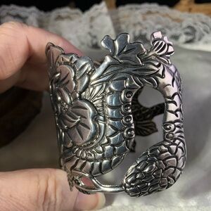 Silver Tone Snake and Floral Cuff Bracelet
